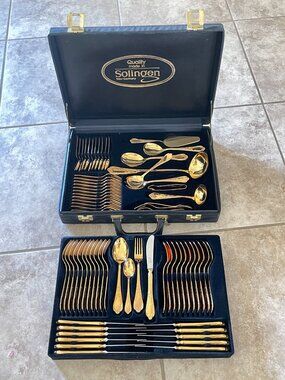 Soligen Gold Flatware Cutlery Full Set 70 Pc Germany Vintage In Case Used Once